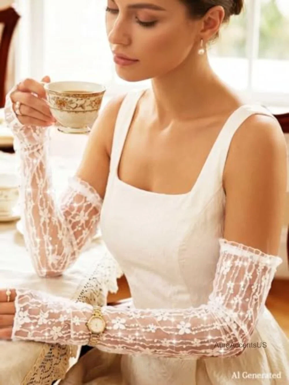 Elegant Fingerless Lace Gloves with Rhinestones for Women